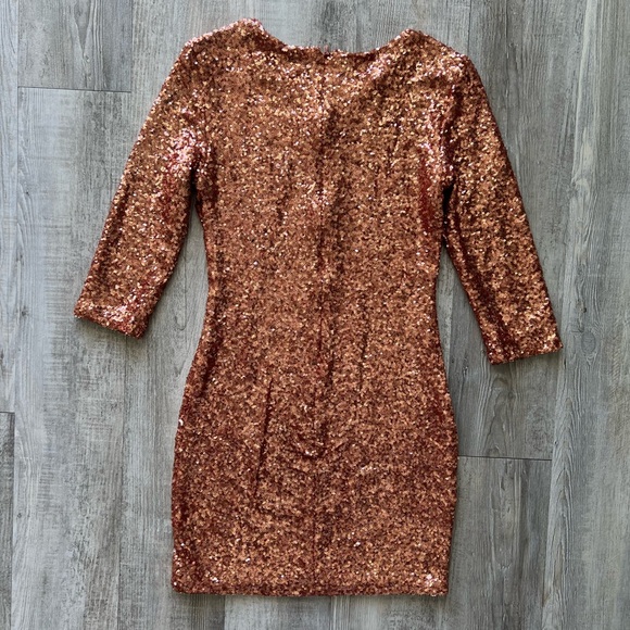 ASOS Rose Gold Sequin Mini Dress Long Sleeve Bodycon Party Cocktail Medium - Picture 4 of 15